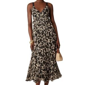 J Crew Collection Ruffle Trim Chiffon Midi Dress Black Tan V Neck Straps Small 4